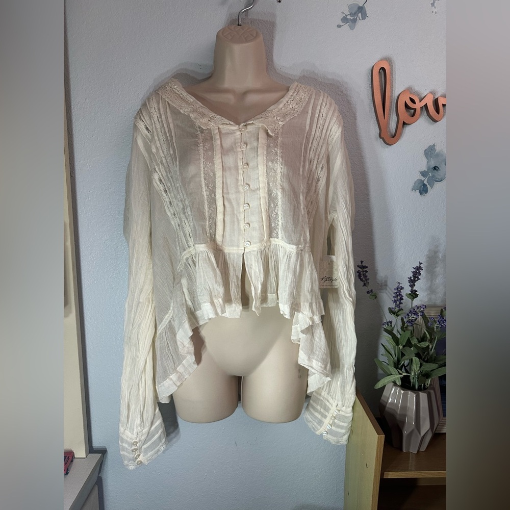 Free People Elegant Cream Lace Trim Blouse
